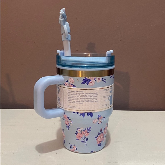 A little Obsessed Blue Floral Travel Tumbler & Straw and Blue Bow Straw Topper - Picture 2 of 8